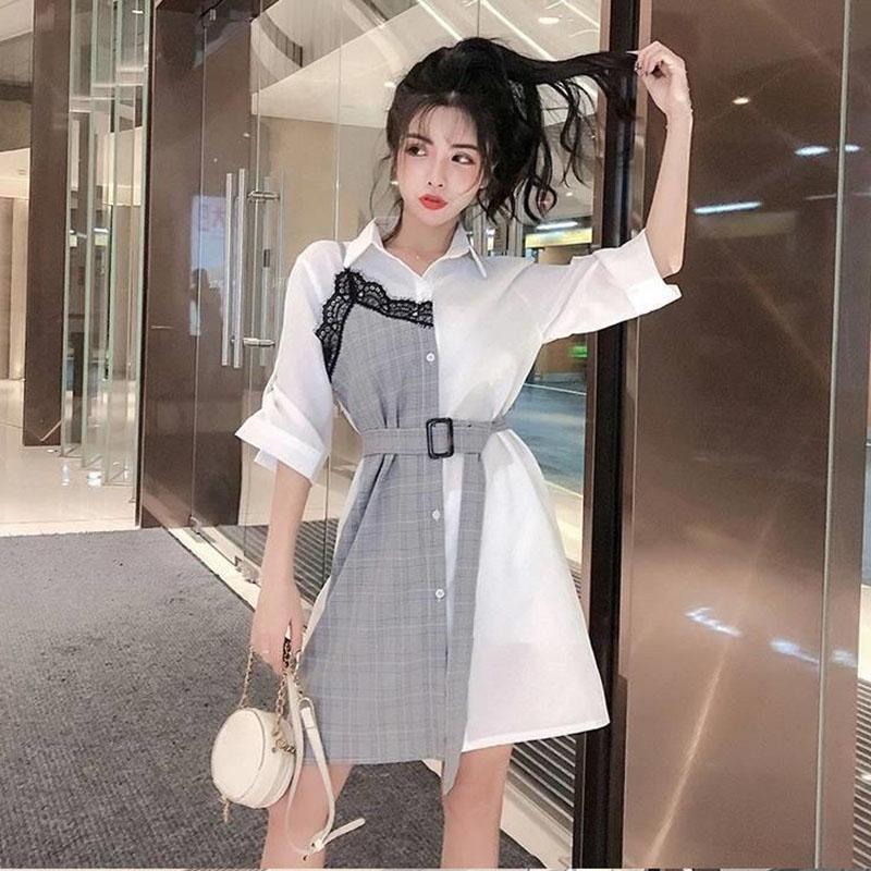 Women Shirt Dress Summer  Female Plus Size Slim Lace Plaid Stitching Midi Dress Elegant Dress with Sashes