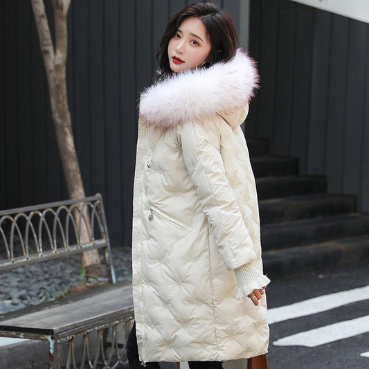 Winter Snowflake Embroidered Thick Cotton Jacket Mid-length Fur Collar Loose Jacket Fashion All-match Women's Down Jacket