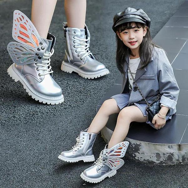 Children's Martin Boots Girl's Autumn Princess Single Boots British Style Children Solid Color Casual Wing Decoration Boots