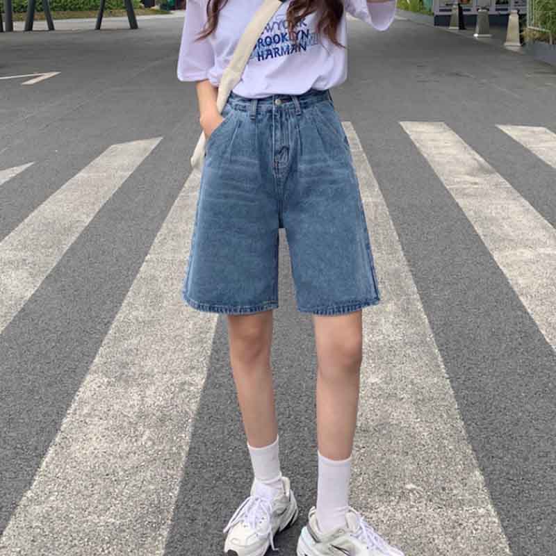 Five Points Denim Shorts Women's Summer High Waist Loose Wide Leg Pants
