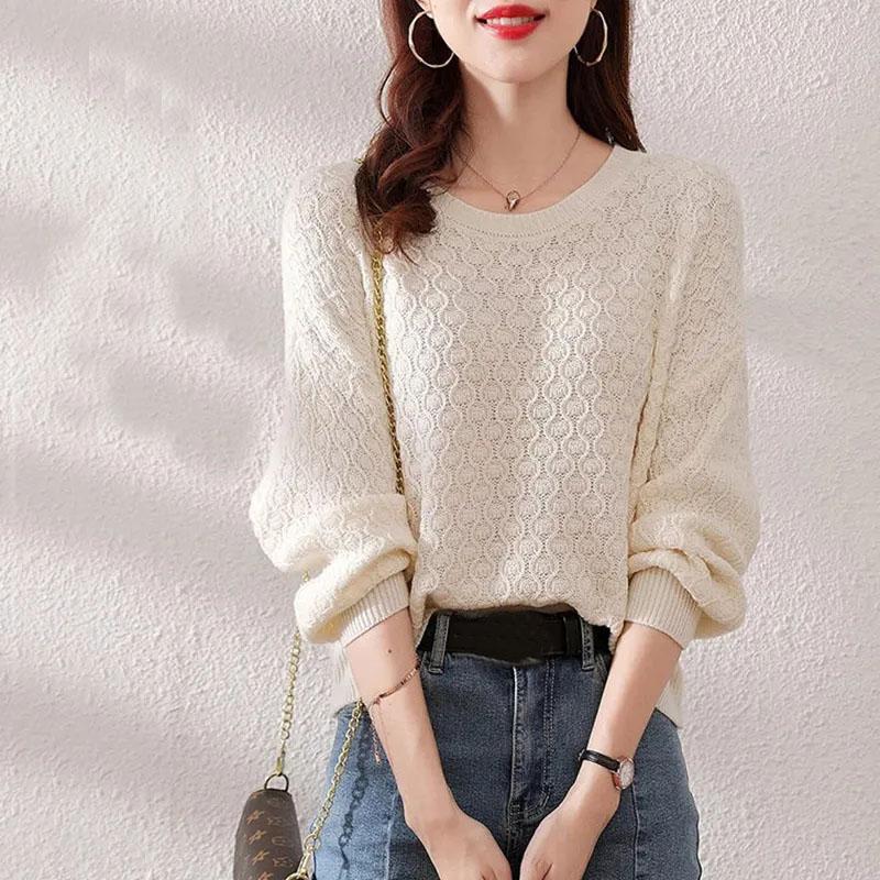 Sweater Women's Hollow Pullover Knitwear Korean Version of Solid Color Loose Top Trending Sweater Autumn and Winter Fluffy Top