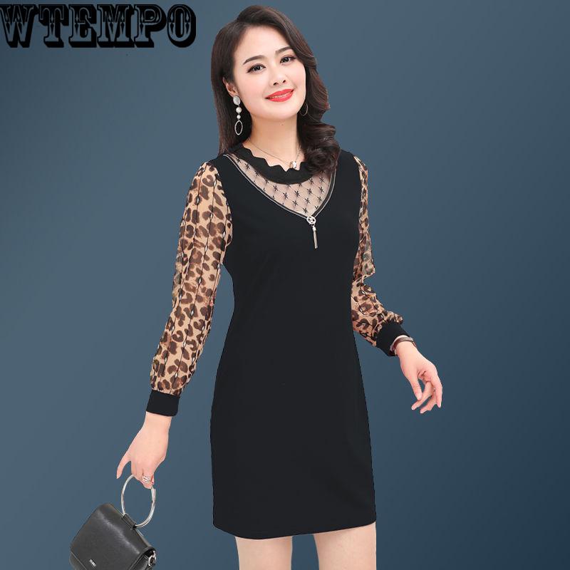 Leopard Sexy Slim New Large Size Mother Long Sleeve Middle-aged Shirts Banquet Nightclub Dress