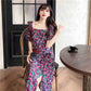 Female Vintage Purple Floral Print Holiday Dress Square Collar Bubble Sleeve Slim Vocation Elegant Dress