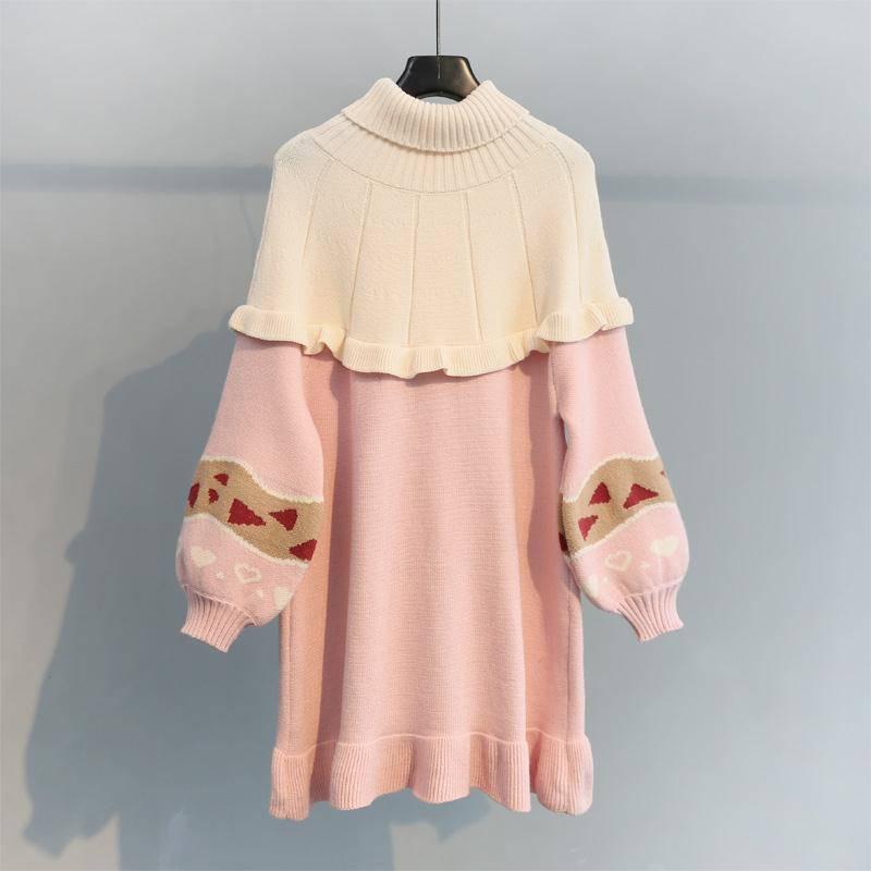Mid-length Turtleneck Sweater Women's Sweet Knitted Loose Ruffles Schoolgirl Pullover Dress
