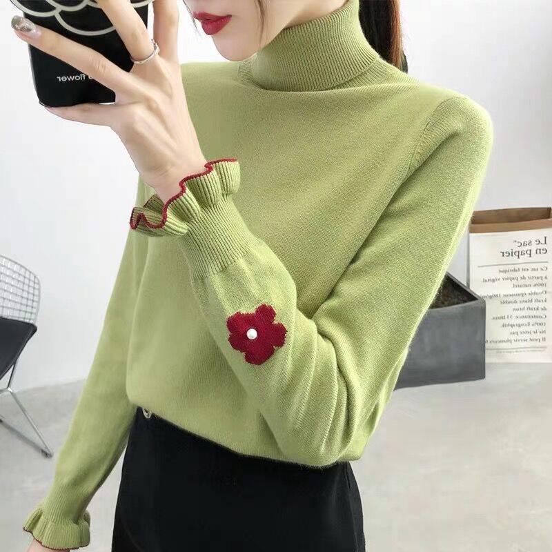 Pofulove Base Sweater Turtleneck Autumn and Winter Sweet Embroidery Long-sleeved Pullover Sweater