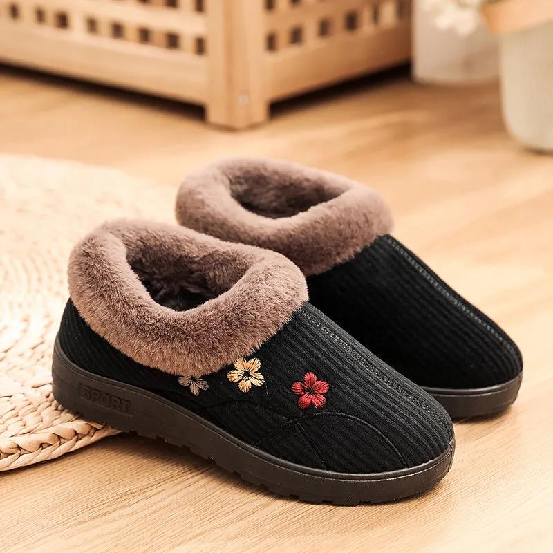 Cotton Shoes Women Winter Plus Velvet Embroidery Thickening Warm Plush Cotton Shoes Flat Windproof Non-slip Shoes