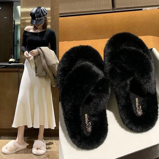 Fluffy Pink Slippers Fur Sliders Winter Women House Slippers Warm Flats Home Slippers Size 35-40 Fashion Cross Indoor Shoes