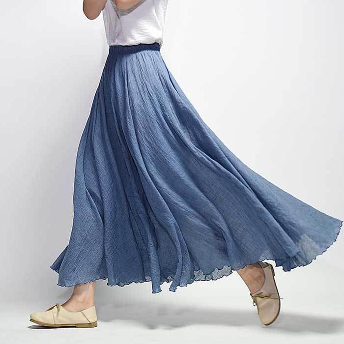 Women Large Size Cotton and Linen Skirt with Elastic Waist and Linen A-line Skirt with Long Solid Color Ethnic Style