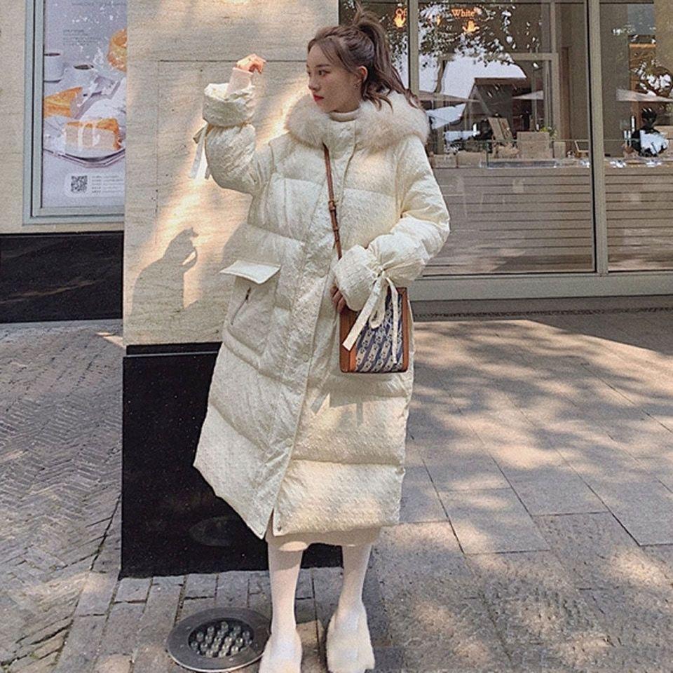 Fluffy Big Fur Collar Hooded White Cotton Jacket Women's Winter Clothes Loose Mid-length Padded Jacket Padded Down Padded Jacket Winter Padded Jacket