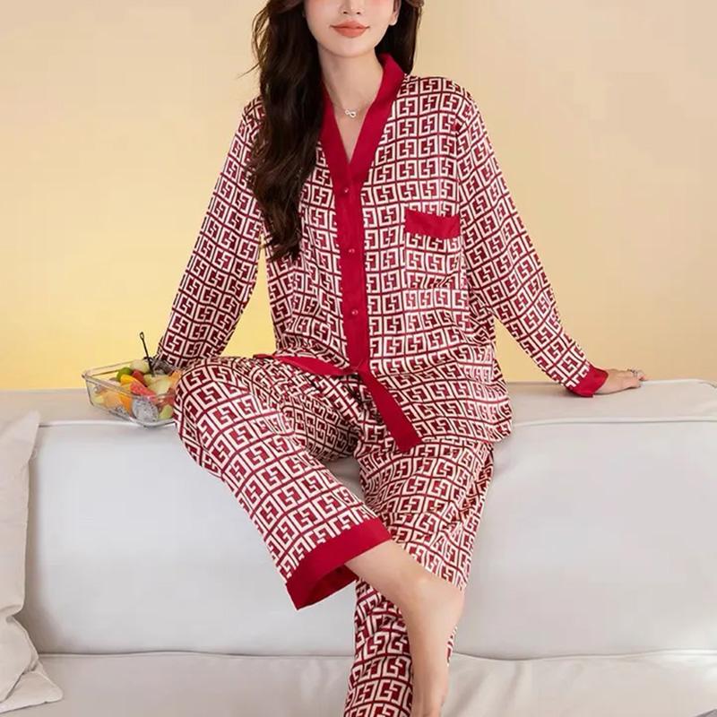 Women's Spring Autumn Red Pajamas Set Silk Long-sleeved V-neck Shirt Pants Two-piece Set Out Wear Large Size Loose Thin Homewear Luxurious Nightgowns