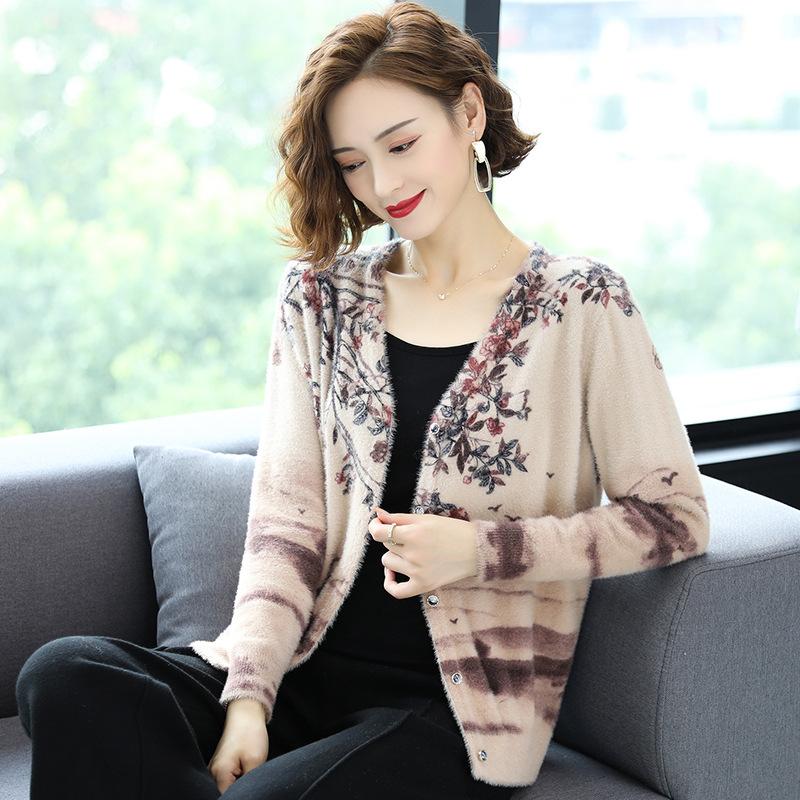 Floral Print Cardigan Women Autumn Winter Female Artificial Mink Wool Cardigan Loose Sweater Coat Fashion Knit Jacket Outwear