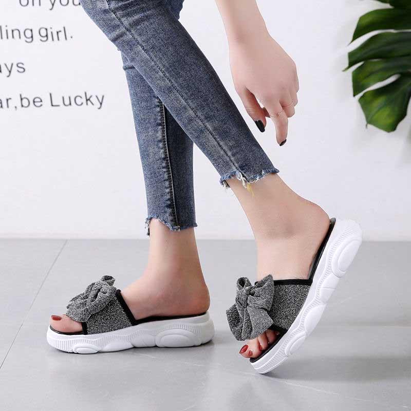 Size 35-40 Summer Women All-match Bow Slippers Outdoor Pearl High Heels Sandals Bohemian Beach Wear-resistant Non-slip Slippers Wedge Platform Sandals