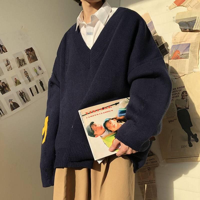 Pofulove V-neck Sweater Women's Pullover Loose Letters Sweater Couples Knitted Coat Autumn Winter