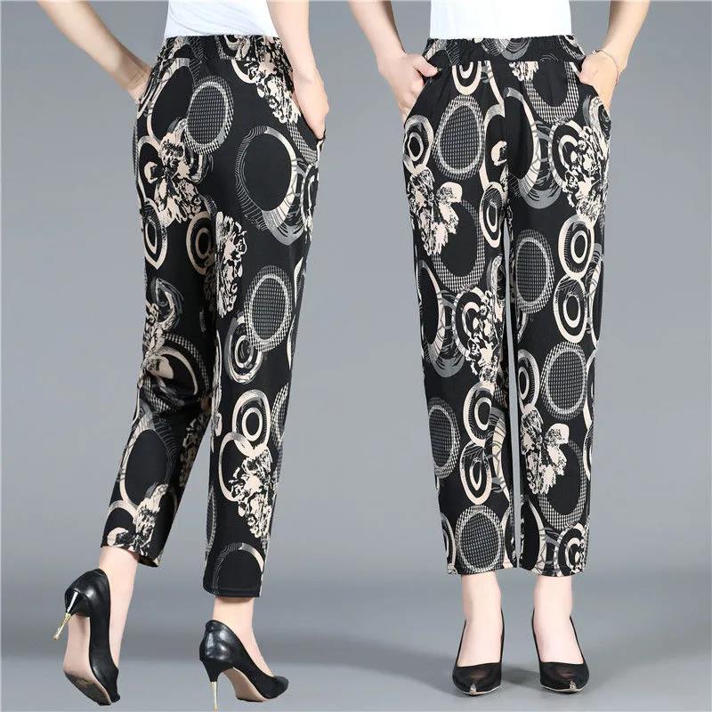 Carrot Pants Loose Spring and Summer Straight Pants Flower Pants Harem Pants Middle-aged Women's Pants