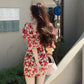 Women's Summer Slim Skirt Floral Square Neck Puff Sleeve Dress