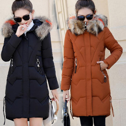 Winter Women's Mid-length Slim-fit Padded Jacket Fashion Big Fur Collar Cold-proof Cotton Jacket Large Size Jacket