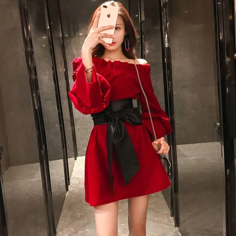 Red Banquet Dress Skirt Female Temperament Sexy Off-shoulder Collar Neckband Waist Slimming Dress
