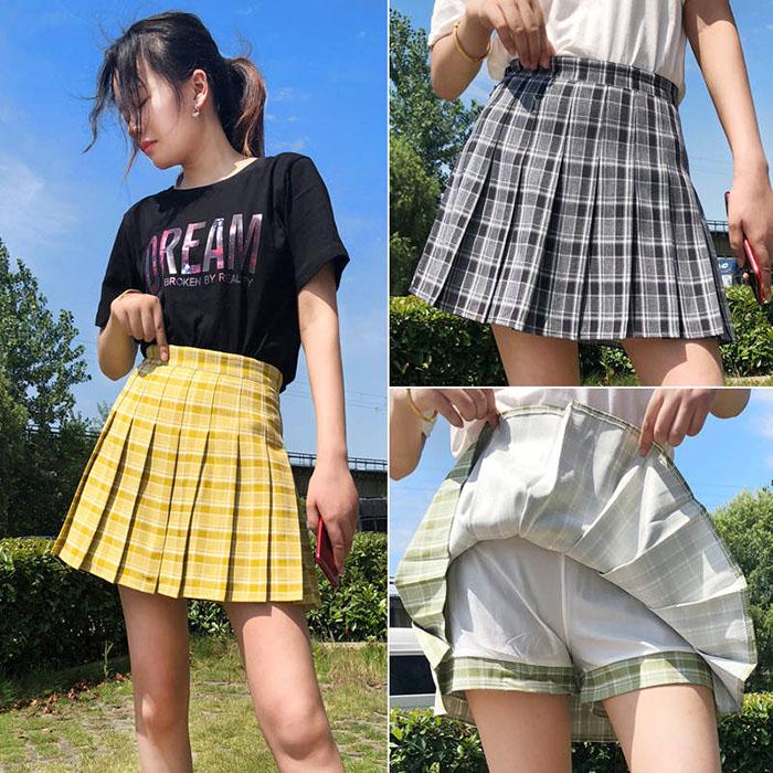 Summer Women Thin Sexy Anti-light Green Plaid Pleated Skirt Student High Waist Cute A-line Skirt