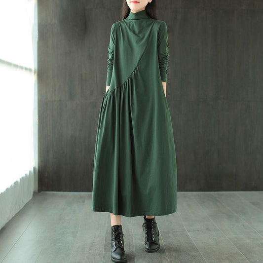 Female Vintage High Waist Long Sleeve Casual Loose Dress Elegant Slim Versatile Mid-length Half-high Collar Dress