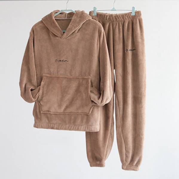 Winter Loose Home Wear Coral Fleece Double-sided Velvet Pajamas O-neck Long-sleeved Trousers Warm Pajamas Set