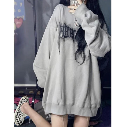 Women's Retro Three-dimensional Printed Sweater Spring and Autumn Thin Loose Round Neck Top Ladies Mid-Length Shirt Top