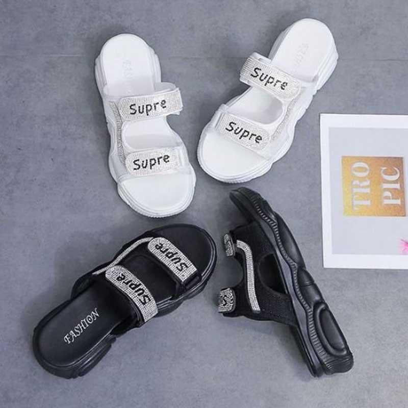 Size35-40 Summer Ladies Slippers Bohemian Beach Waterproof Slippers Wedge Platform Crystal Letter Sandals Outdoor High Heels