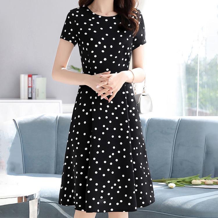 Wave Point Dress Women Boho V-neck Slim A Line Party Dress Casual Short Sleeve Polka Dot Black Dresses Beach