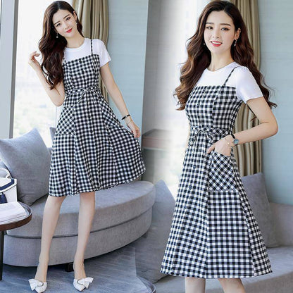 Plaid Dress Female Summer Over The Knee Suspender Skirt Waist Small Fresh A-line Skirt Waist Slimming Round Neck Short-sleeved Simple Dress