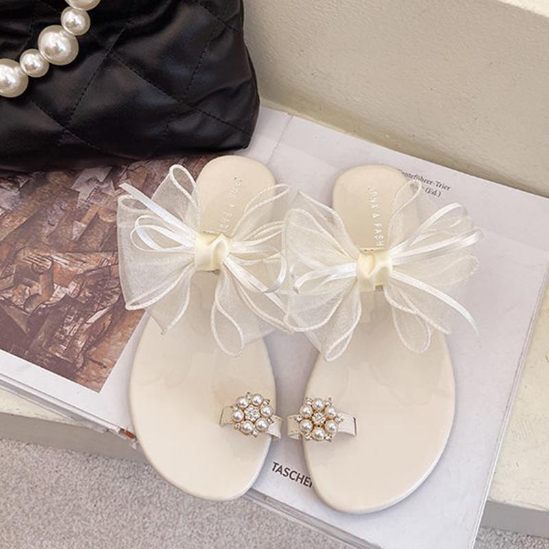 Fairy Slippers Japanese Sweet Mesh Bowknot Rhinestone Pearl Lace Set Toe Flat Beach Sandals