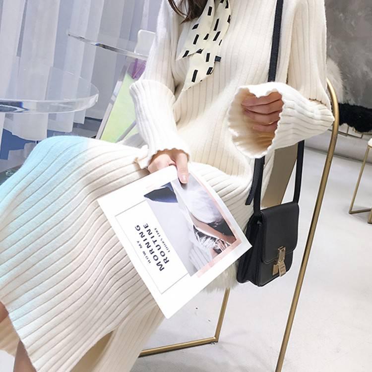 Pullover women's long paragraph over the knees loose 2019 autumn and winter new bottoming knit dress