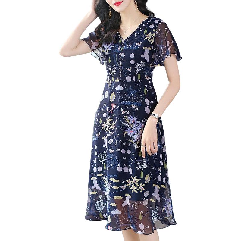 Women's Spring Summer French Retro Floral Dress Mid-length V-neck Short-sleeved Waist Casual All-match Dress