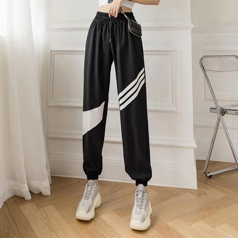 Ice Silk Sports Pants Women's Summer Thin Striped High Waist Loose Quick-drying Running Yoga Casual Tide Beam Leg Harem Pants