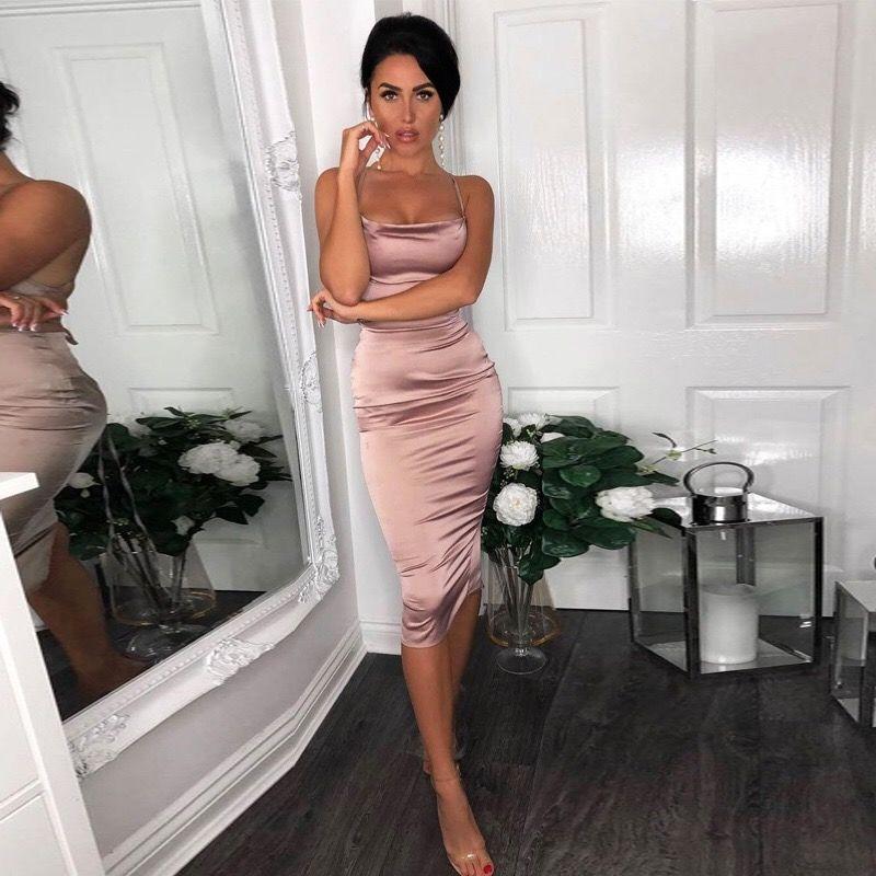Satin Lace Up Summer Women Midi Vintage Backless Elegant Party Outfits Sexy Club Clothes Dress Robe