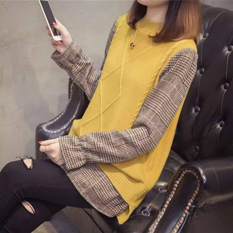 Spring and Autumn Stitching Flared Sleeve Top Loose Plaid Pullover Sweater Fashion Casual Sweater Women