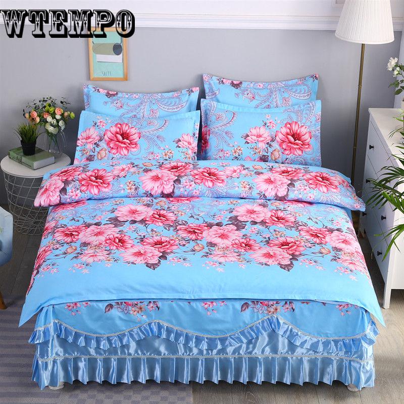 Luxury Cotton Fleece Fabric Thick Bed Skirt Bedding Set Lace Edge Bedspread Pillowcases