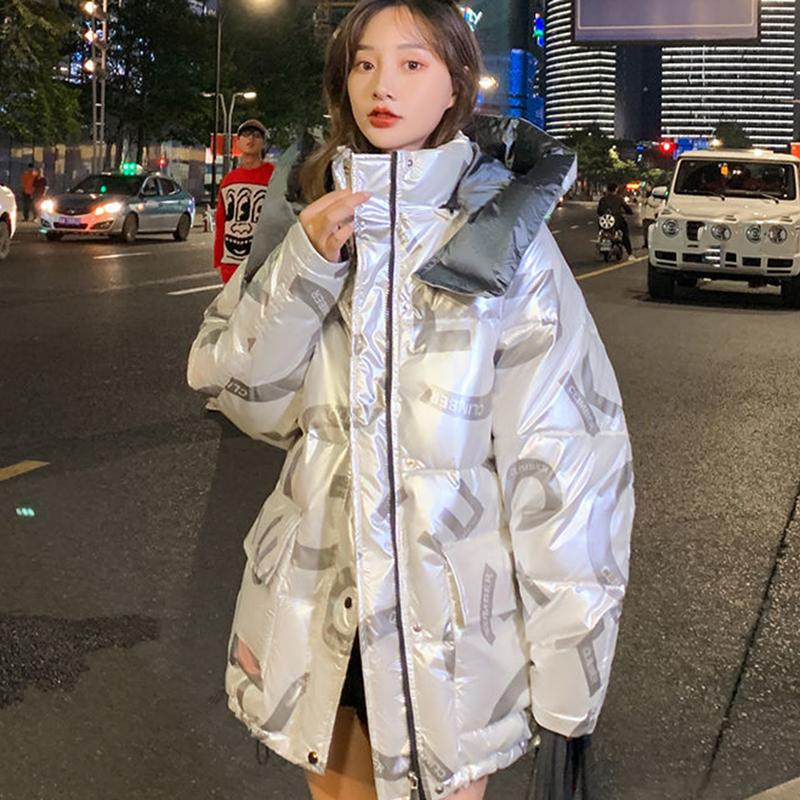 Women's Bright Print Short Down Jacket Winter Korean Loose Quilted Jacket Casual Stand-up Collar Hooded Down Jacket Quilted Jacket