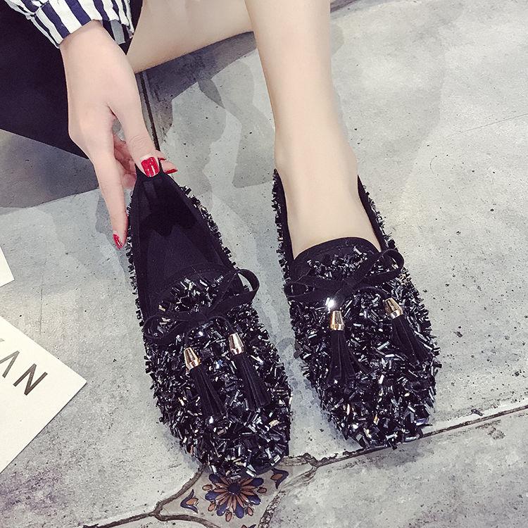 WTEMPO Spring  Flat Bottom Student Sequin Loafers One Pedal Loafers Female Flat Bottom Shoes