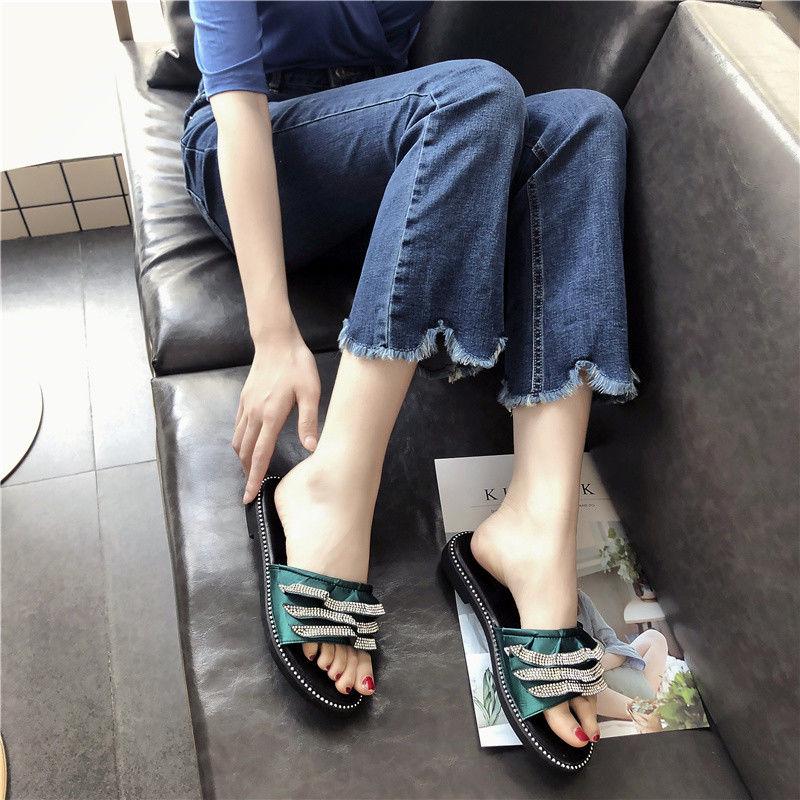 Rhinestone Lotus Leaf Slippers Female Summer Wear 2030 Korean Version of The Wild Word Open Toe Net Red Flat Sandals and Slippers
