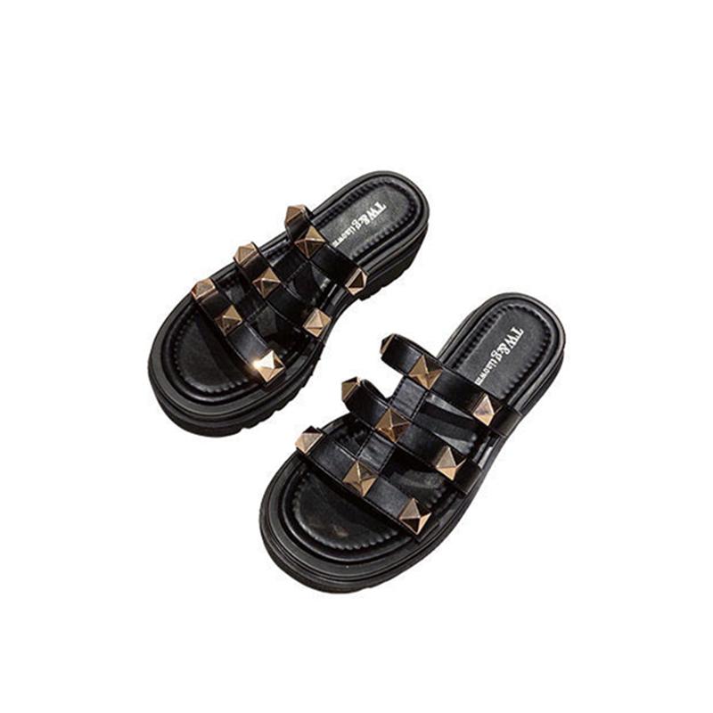 Rivet Half Slippers for Women's Outer Wear Summer Fashion One-word Drag, Soft Bottom Mid-heel Platform Sandals Thick Bottom Sandals