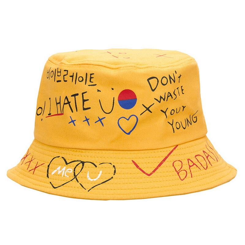 Unisex Alphabet Graffiti Print Fisherman Hat Outdoor Sunshade Fishing Hat Casual Cotton Bucket Hat