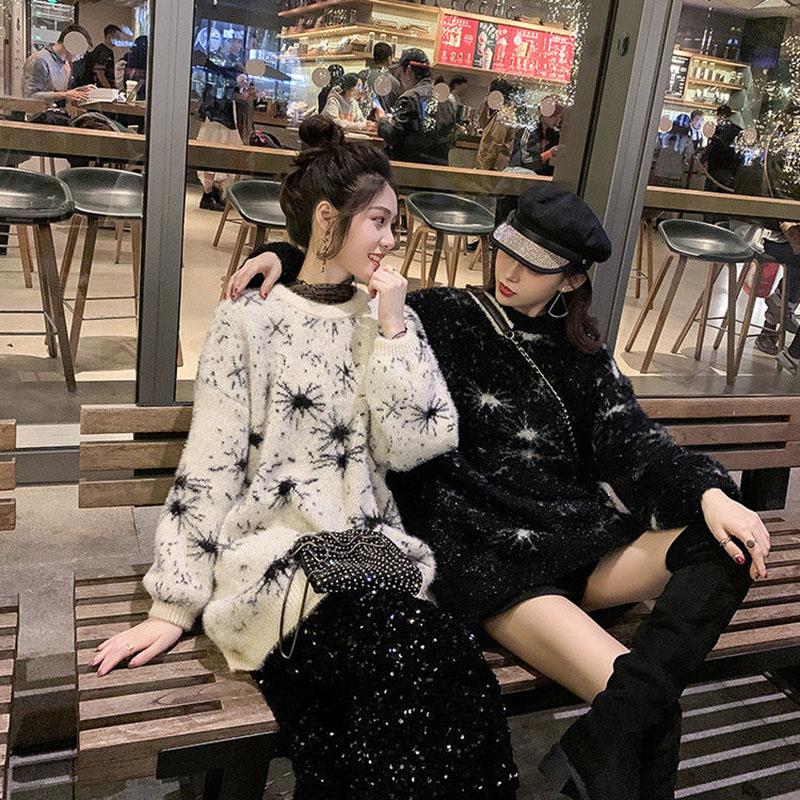 Autumn and Winter Fashion All-match Sweater Pullover Loose Shiny Silk Top Mid-length Snowflake Pattern Female Sweater