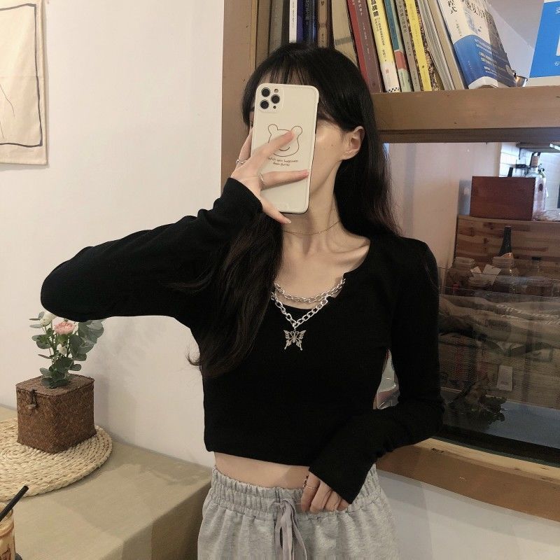 Women's Fall New Chain Butterfly Decoration Long Sleeve O-Neck Slim Harajuku Tops Female Pullover