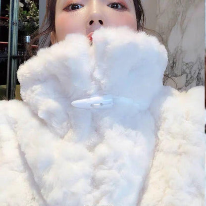 Winter Lamb Velvet Fur Coat Female Stand-up Collar Mid-length Lazy Style Horn Button Imitation Rex Rabbit Fur Coat