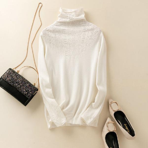 Autumn and Winter Pile Collar Sheep Sweater Pullover Loose Turtleneck Blouse Hollow Knit Bottoming Shirt