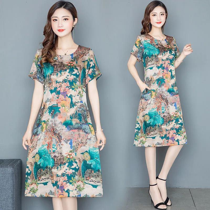 Summer Ice Silk Cool Dress Casual Comfortable Dress Ethnic Short Sleeve Dresses Plus Size Loose for Women