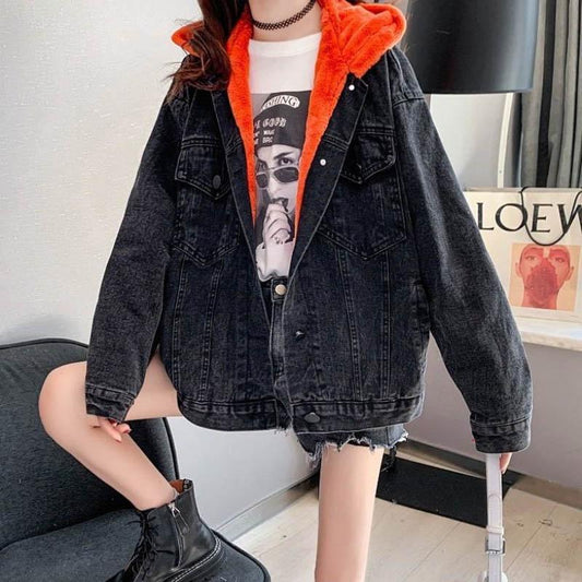 Loose Plus Fleece Denim Jacket Women Autumn and Winter Thick Hooded All-match Casual Cardigan