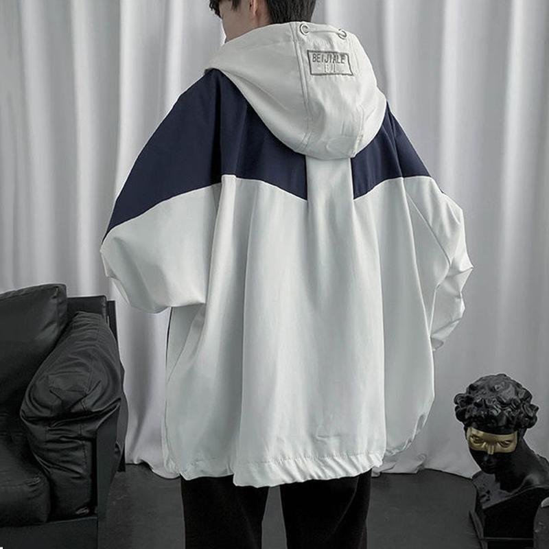 Colorblock Jacket Men's Loose Versatile Hooded Windbreaker Coat Couples Wear Thin Short Zip Long Sleeve Casual Coat Workwear