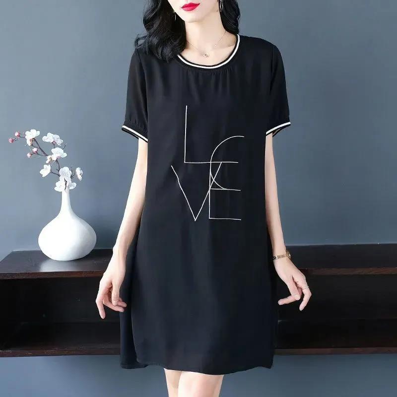 Cotton Mid-length Dress Women Loose Plus Size Summer T-shirt Skirt All-match Black Round Neck Short Sleeve Dress