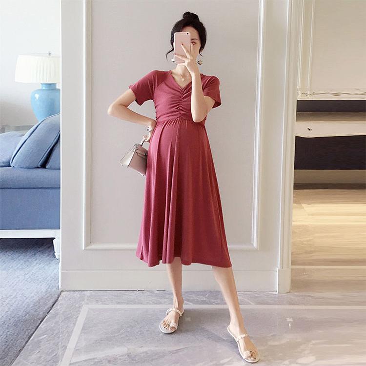 Maternity Clothes Short Sleeve Dress Mid-length Loose Plus Size V-Neck High Waist Over The Knee Skirt