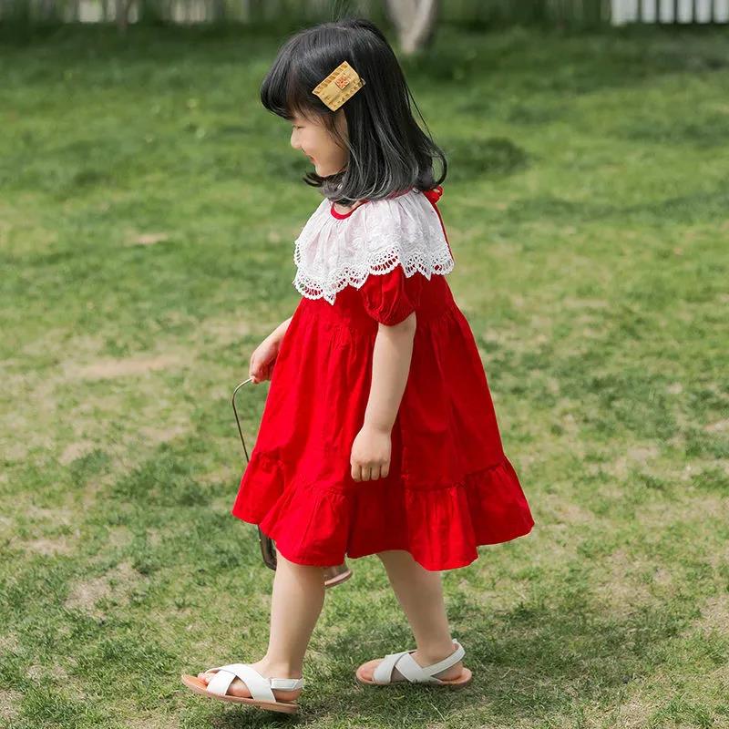 Girls Red Dress Summer Dress Children Summer Puff Sleeve Princess Skirt A-Line Dress Round Neck Short Sleeves